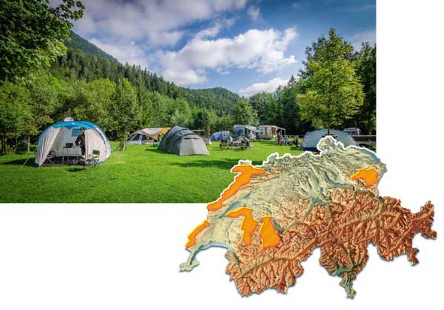Carte détaillée indiquant l’emplacement et les coordonnées de la grande majorité des campings de Suisse