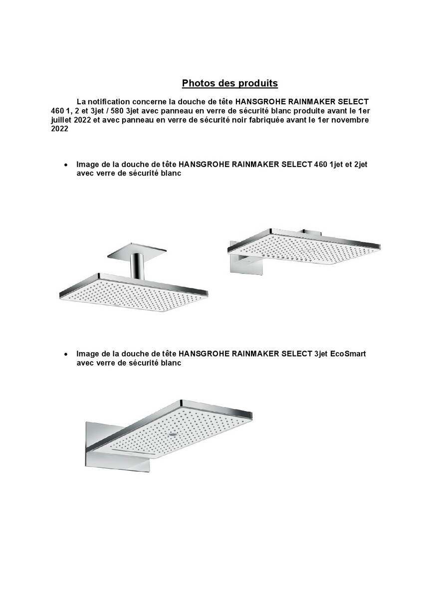 Hansgrohe publie un avis de sécurité pour les douches de tête Rainmaker Select 460 1, 2 et 3jet /580 3jet