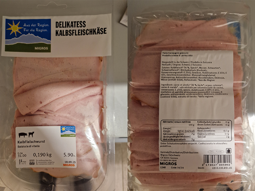 Mise en garde publique : présence d’un allergène non déclaré (lait) dans du fromage d’Italie de veau, vendu chez Migros Suisse orientale