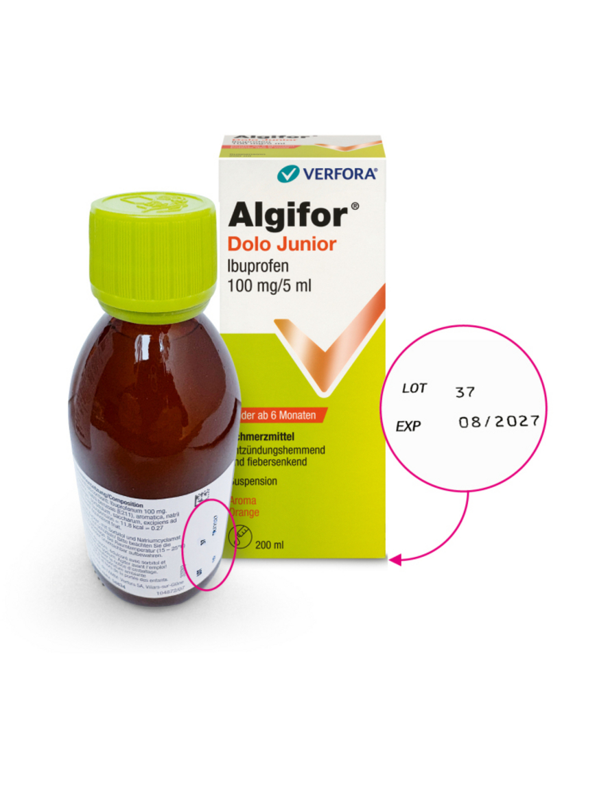Swissmedic – Verfora SA rappelle préventivement le lot 50 de Algifor Junior, Suspension 200 ml et les lots 36 et 37 de Algifor Dolo Junior, Suspension 200ml jusqu’au niveau du patient.